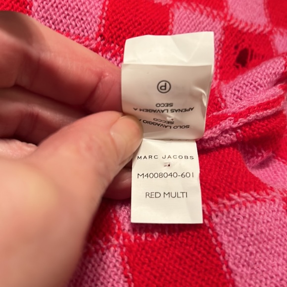 RARE MARC JACOBS sz M cashmere/wool pink & red checked crewneck sweater distress - Picture 5 of 7